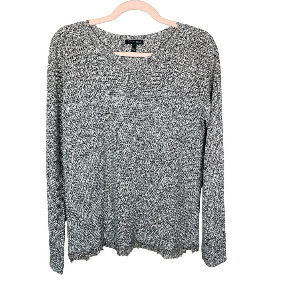 Eileen Fisher Organic‎ Linen Blue Knit Sweater Size PM fringe hem